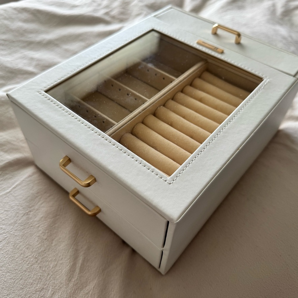 White Jewelry Organizer Box w/ Clear Top & Drawer